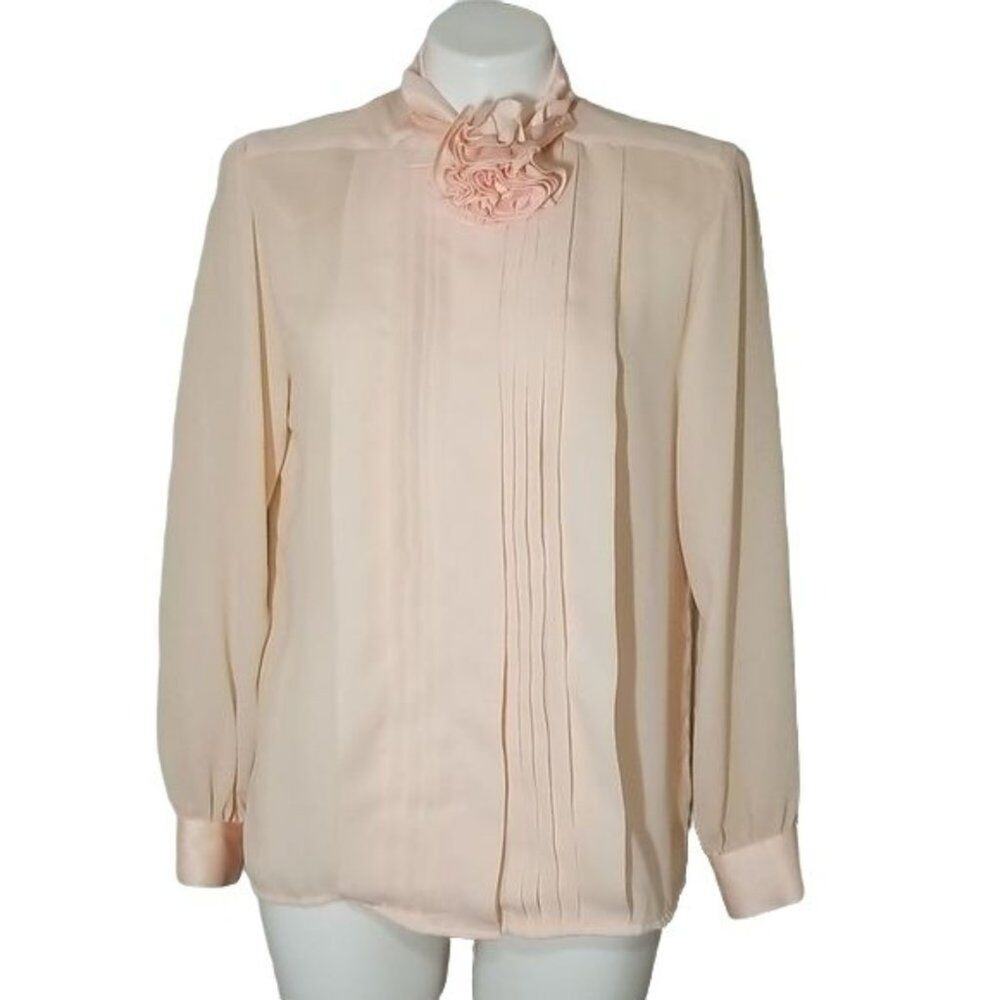Vintage Chaus Blush Pink Flower Collar Blouse Secretary Pleated Front Size 8